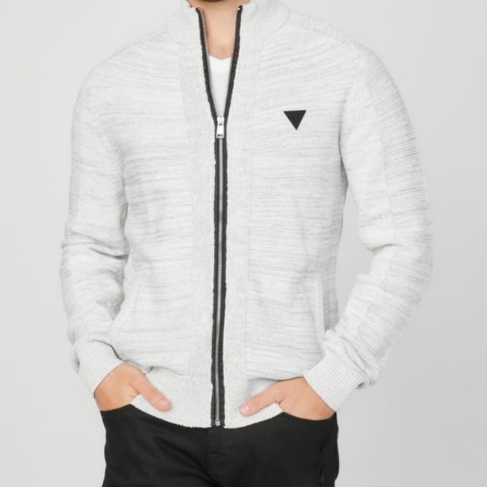 Guess Men's Gray Zip-Up Sweater with Black Details Size Medium